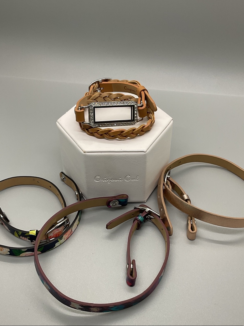 Origami Owl Tan Braided Leather Wrap Bracelet with Crystal Locket